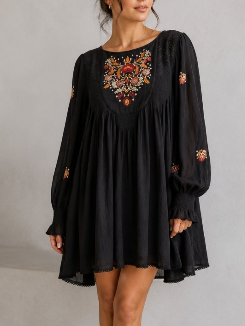 FREE PEOPLE Mohave Embroidered Boho Mini Dress Babydoll Black Sz S/P